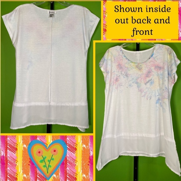 S WHITE TUNIC W WATERCOLOR FLORAL&SEQUIN DET SEMI SHEER HEM *Preowned/some wear* - Picture 11 of 14